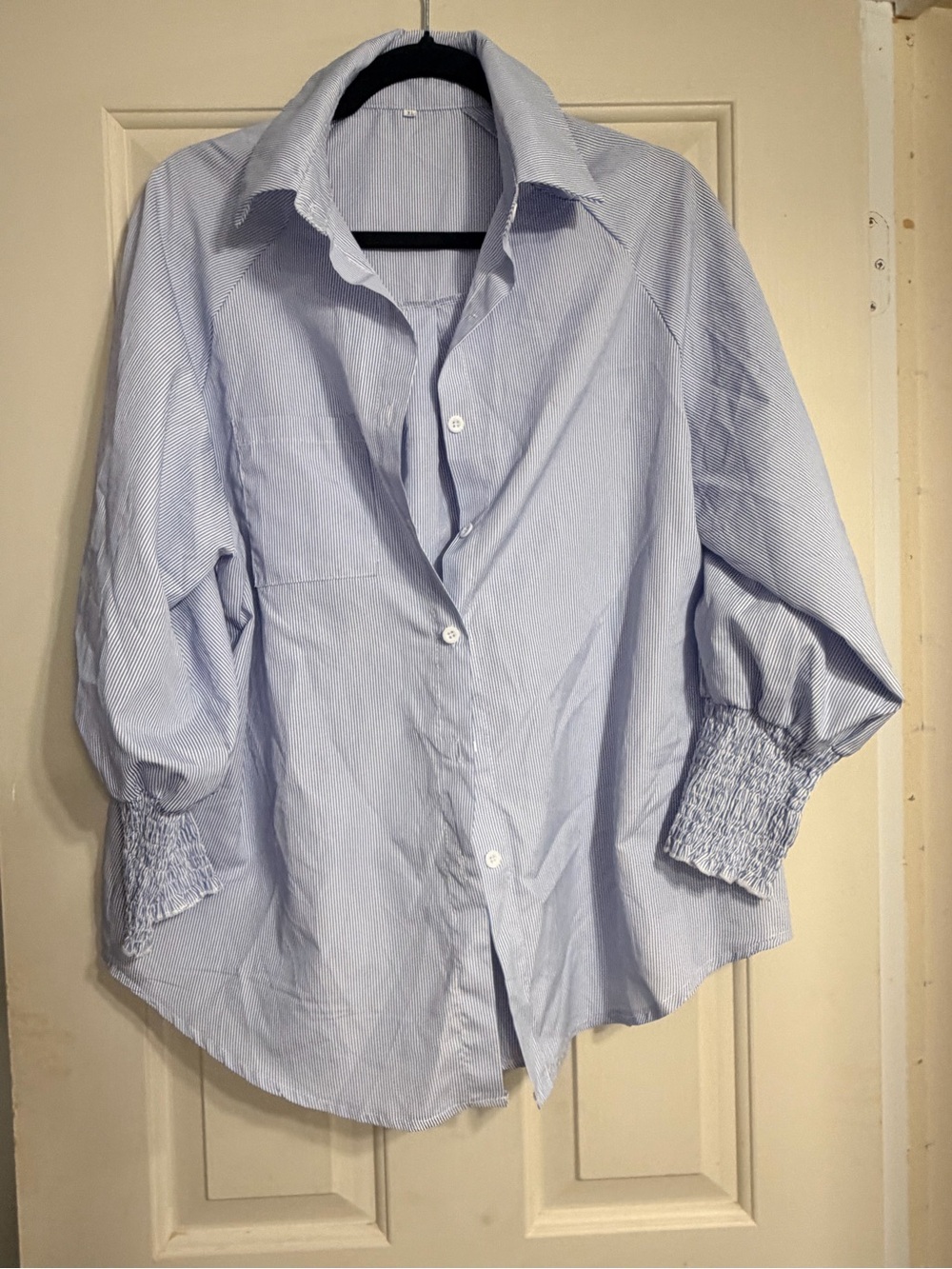 Light Blue Stripe Men's Button-Up Shirt with Smocked Cuffs